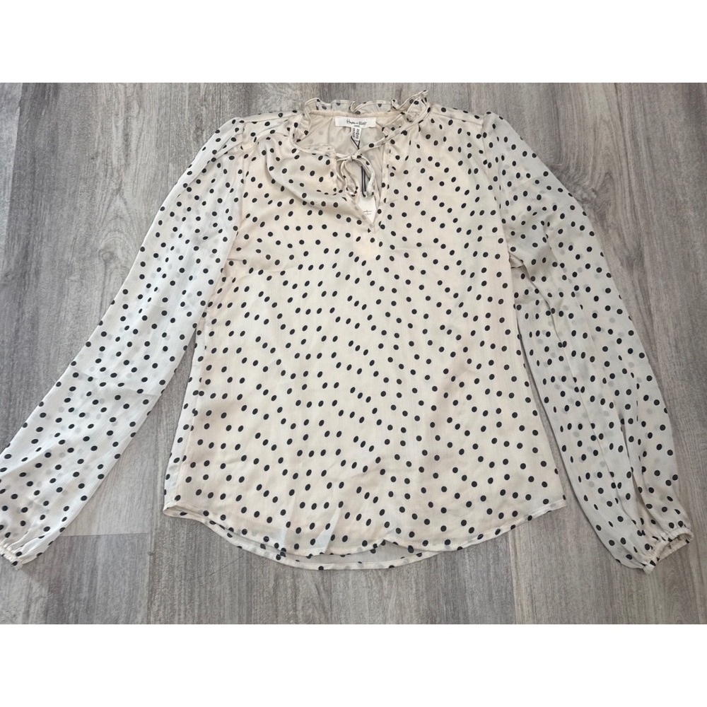 Haver & Blair Polka Dot Ruffle Neck Tie Blouse Cream Black Size XS NWT
